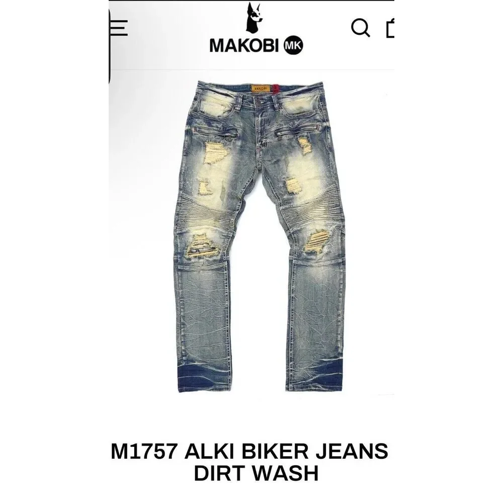MAKOBI Alki Biker Jeans Mens 44X32 M1757 Vintage Light Wash Moto Distressed NWT